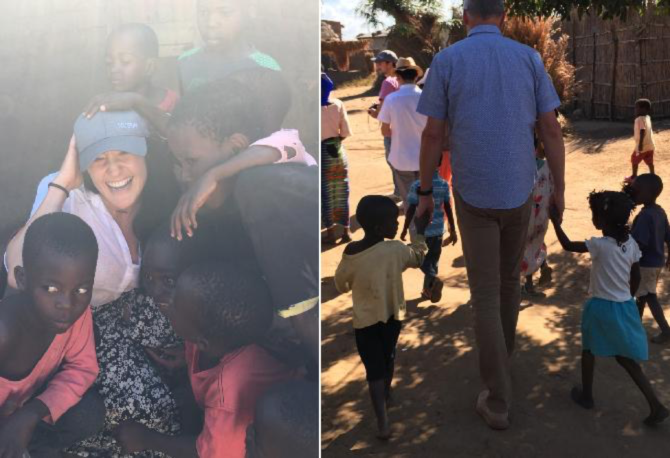 Nu Skin employees playing with children in Malawi and walking with children while holding their hands.